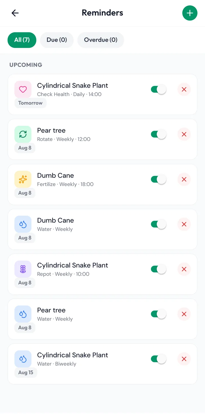 Plant care reminders for watering, fertilizing, repotting and health checks