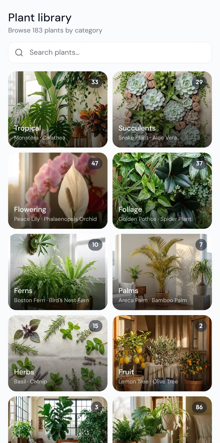 Plant library browsing 183 plants by category, including a pet friendly section