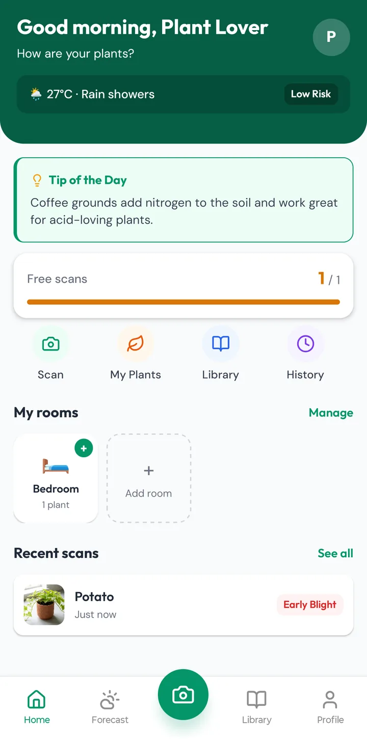 FloraCure home screen with plants organized into rooms and a recent scan
